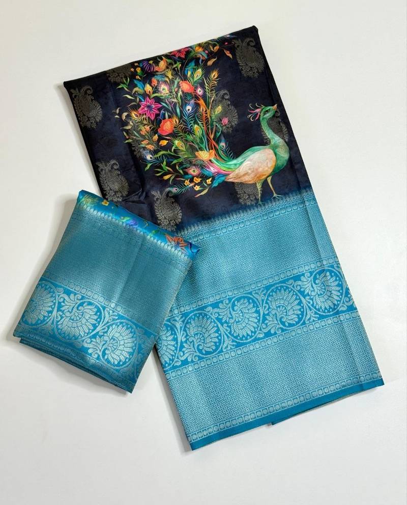black-teal printing and zari with border dola silk saree