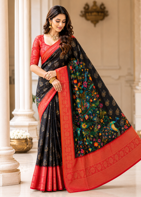 black-red printing and zari with border dola silk saree 1