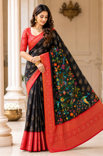 black-red printing and zari with border dola silk saree