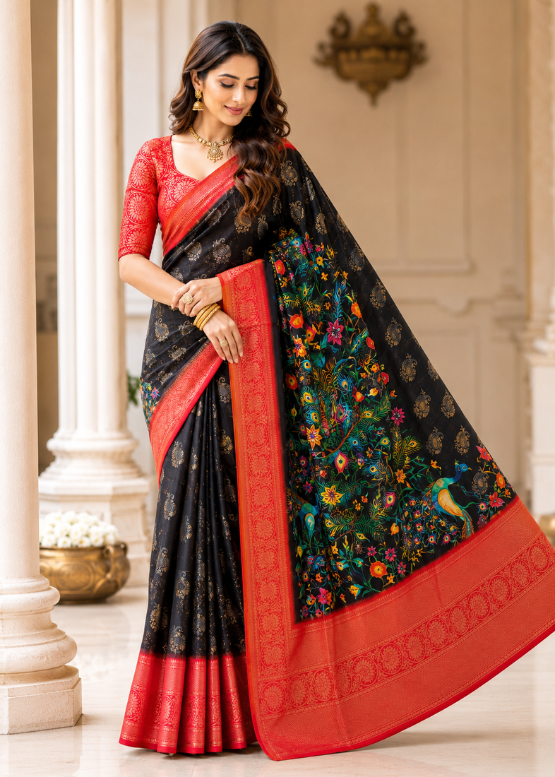 black-red printing and zari with border dola silk saree