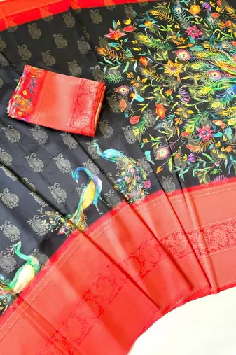 black-red printing and zari with border dola silk saree