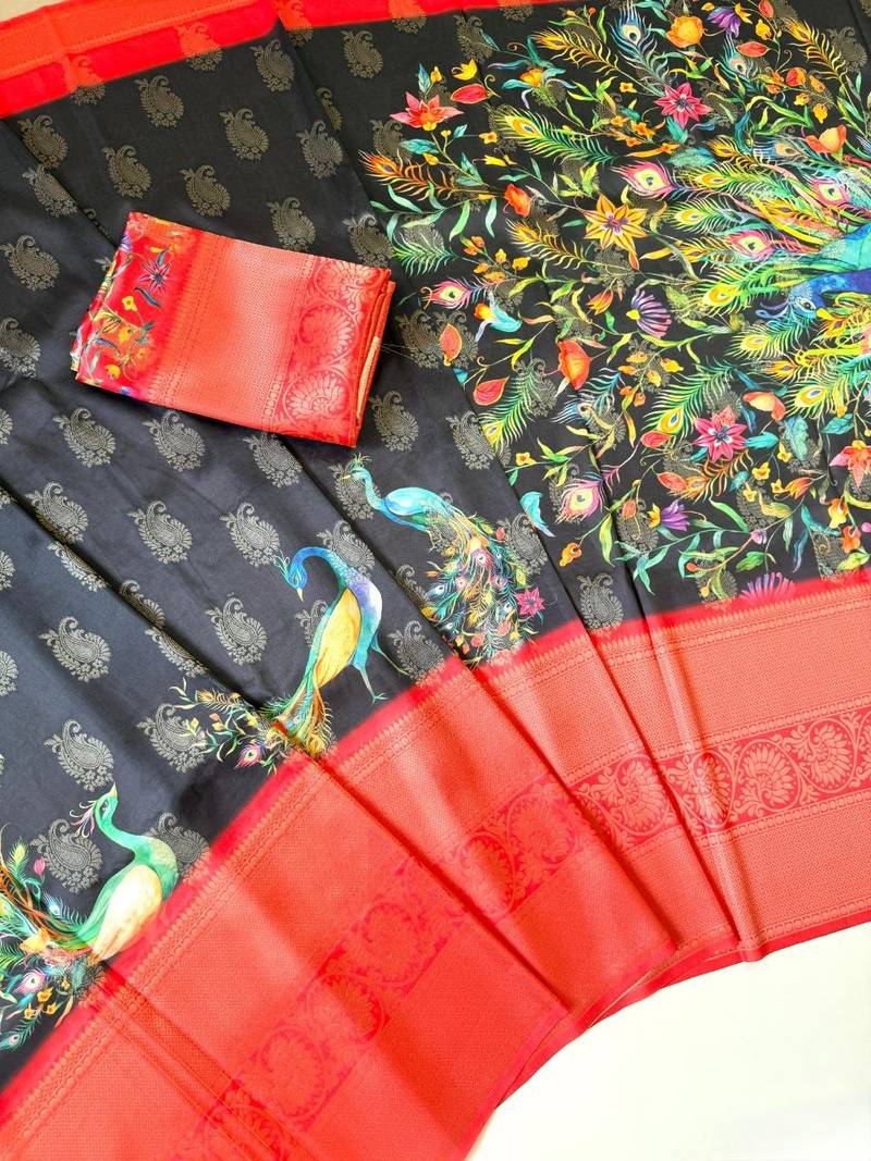 black-red printing and zari with border dola silk saree