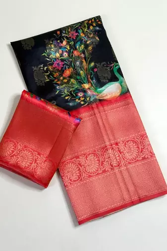 black-red printing and zari with border dola silk saree