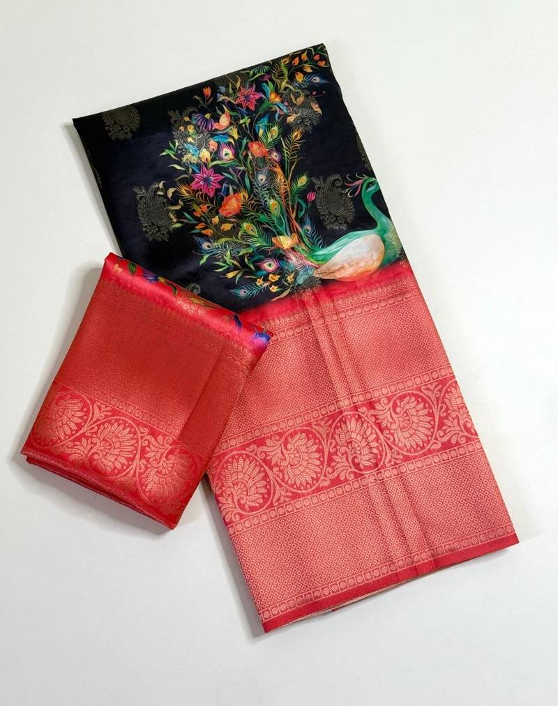 black-red printing and zari with border dola silk saree