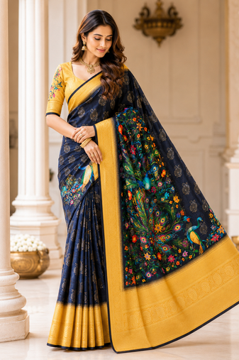 neavy blue-yellow printing and zari with border dola silk saree