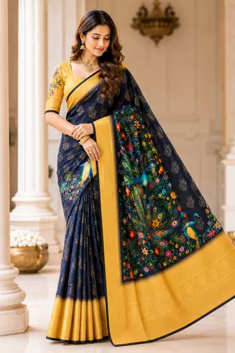 neavy blue-yellow printing and zari with border dola silk saree