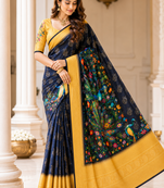neavy blue-yellow printing and zari with border dola silk saree