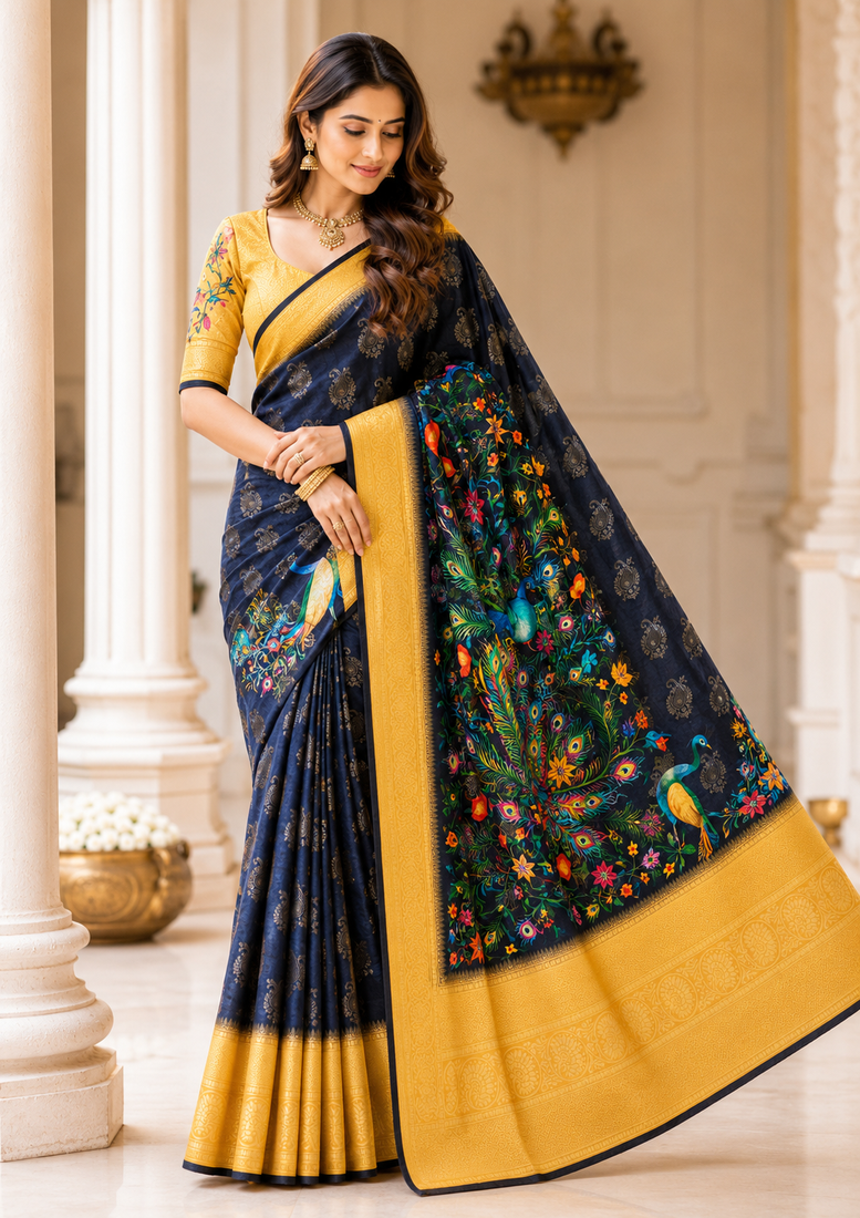 neavy blue-yellow printing and zari with border dola silk saree