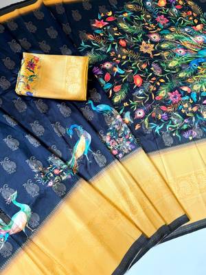 neavy blue-yellow printing and zari with border dola silk saree 2
