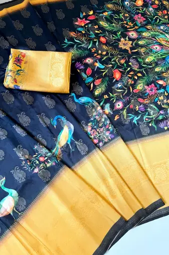 neavy blue-yellow printing and zari with border dola silk saree