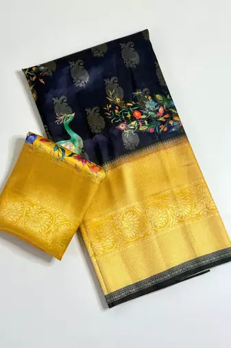 neavy blue-yellow printing and zari with border dola silk saree
