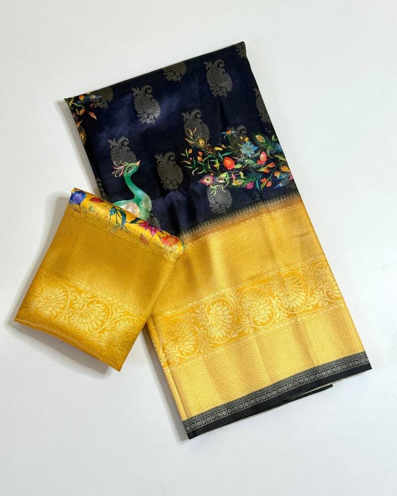neavy blue-yellow printing and zari with border dola silk saree