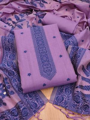 Purple jamdani silk blend dress material 1