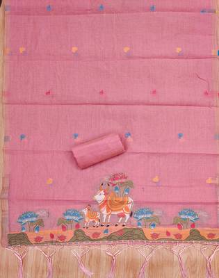 Pink jamdani silk blend dress material 4