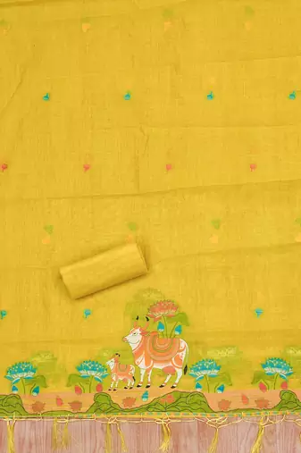 Yellow jamdani banarasi dress material