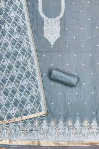 Grey jamdani silk blend dress material
