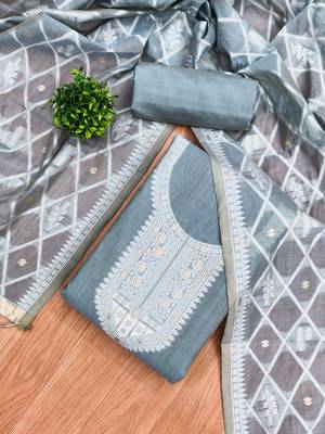 Grey jamdani silk blend dress material 4