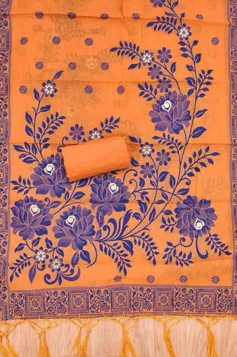 Orange jamdani silk blend dress material
