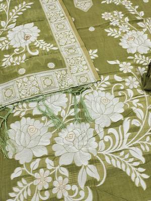 Light mehendi jamdani silk blend dress material 2