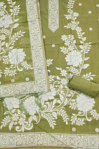 Light mehendi jamdani silk blend dress material