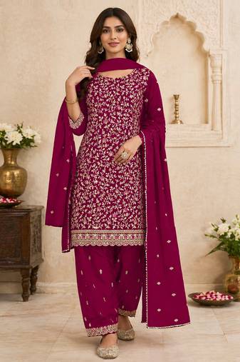 Cherry color embroideried faux georgette semi stitched salwar suit