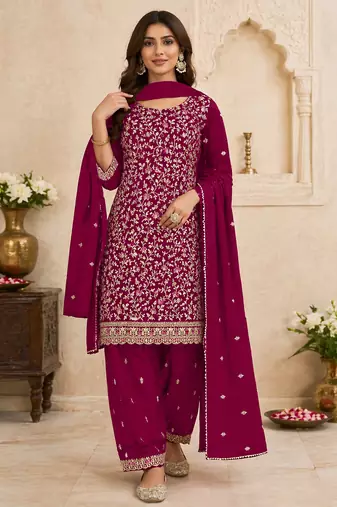 Cherry color embroideried faux georgette semi stitched salwar suit