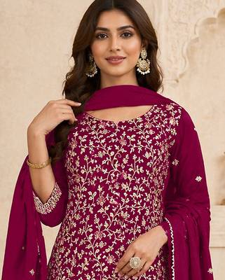 Cherry color embroideried faux georgette semi stitched salwar suit 2