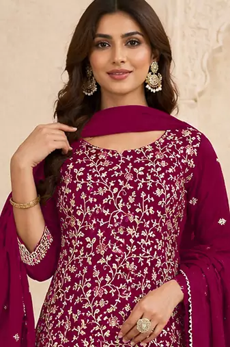Cherry color embroideried faux georgette semi stitched salwar suit