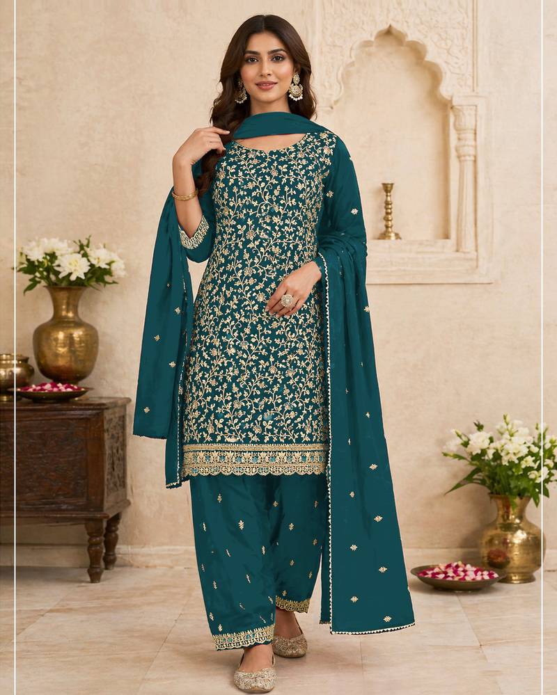 Morpich embroidered faux georgette salwar suit