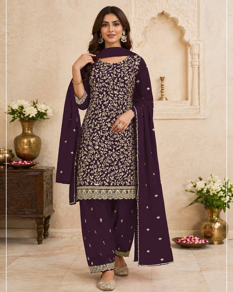 Wine embroidered faux georgette salwar suit