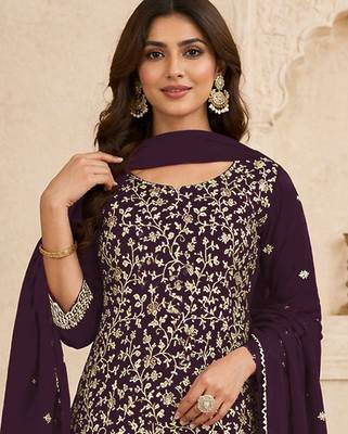 Wine embroidered faux georgette salwar suit 2