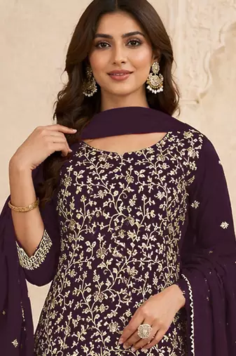Wine embroidered faux georgette salwar suit