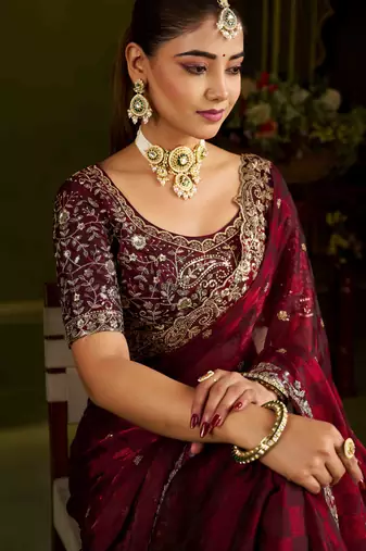 Maroon colour box satin silk saree with heavy embroidery work