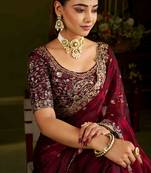 Maroon colour box satin silk saree with heavy embroidery work