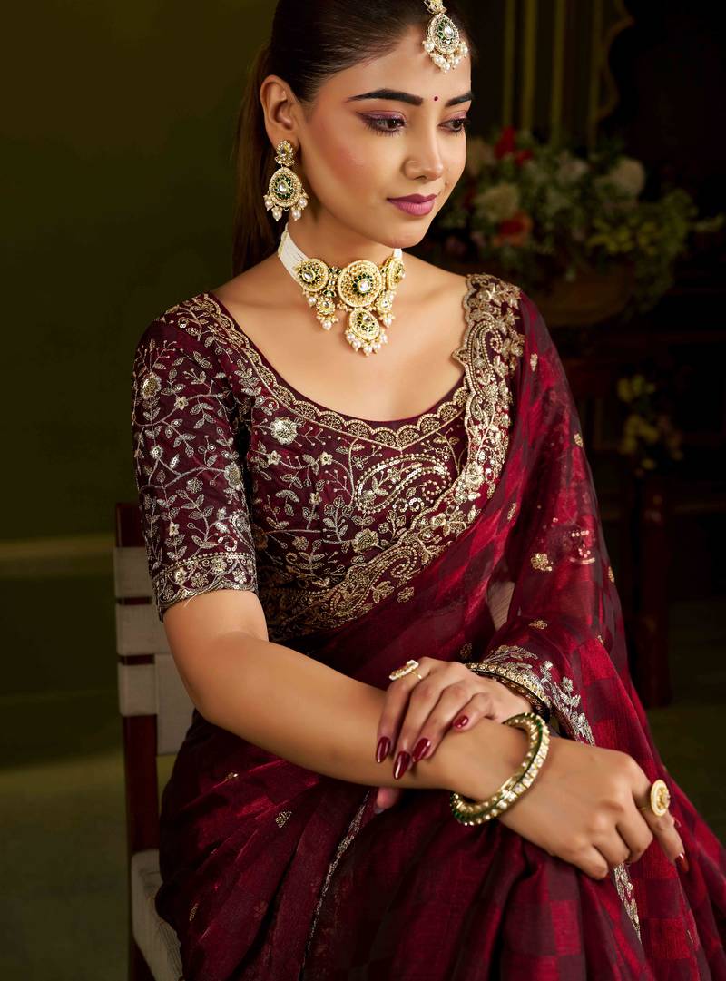 Maroon colour box satin silk saree with heavy embroidery work