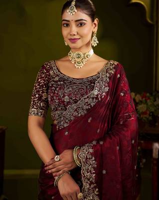 Maroon colour box satin silk saree with heavy embroidery work 2