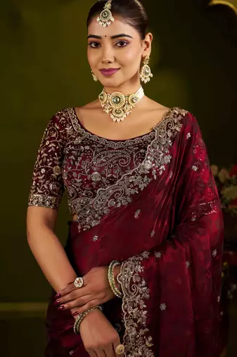 Maroon colour box satin silk saree with heavy embroidery work