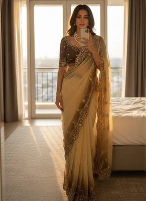 Yellow Color embroidery sequence Work Silk Blend Saree 1