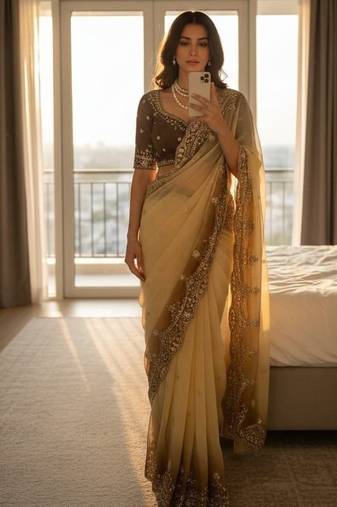 Yellow Color embroidery sequence Work Silk Blend Saree