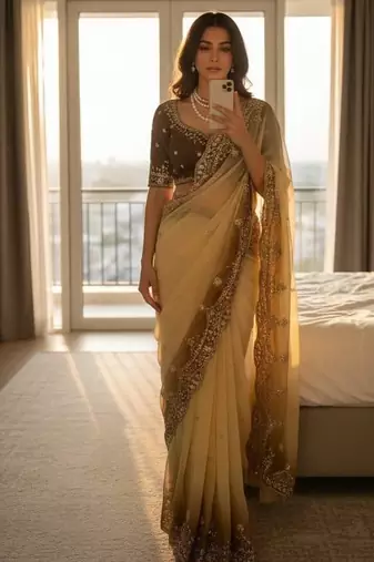 Yellow Color embroidery sequence Work Silk Blend Saree