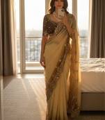 Yellow Color embroidery sequence Work Silk Blend Saree