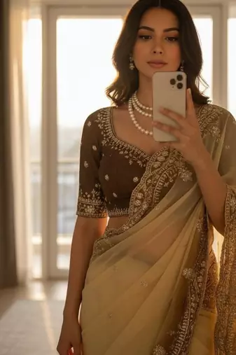 Yellow Color embroidery sequence Work Silk Blend Saree