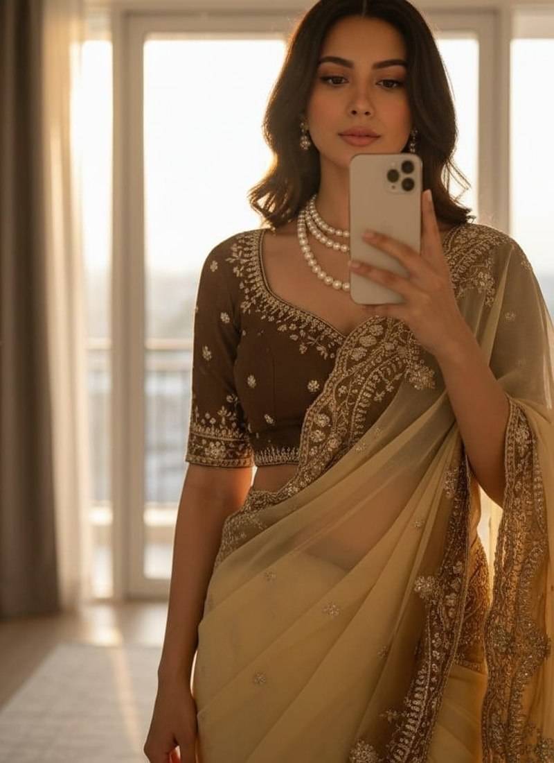 Yellow Color embroidery sequence Work Silk Blend Saree