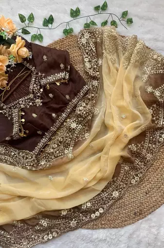 Yellow Color embroidery sequence Work Silk Blend Saree
