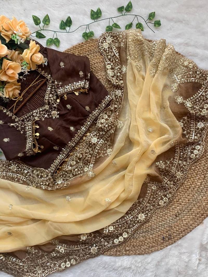 Yellow Color embroidery sequence Work Silk Blend Saree