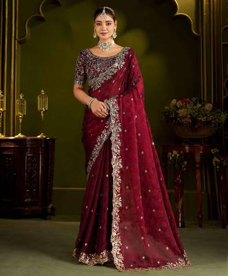 Maroon colour box satin silk saree with heavy embroidery work 3