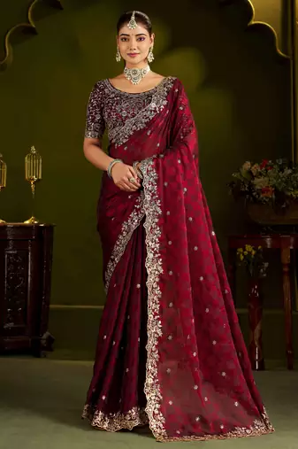 Maroon colour box satin silk saree with heavy embroidery work