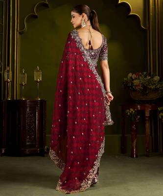Maroon colour box satin silk saree with heavy embroidery work 4