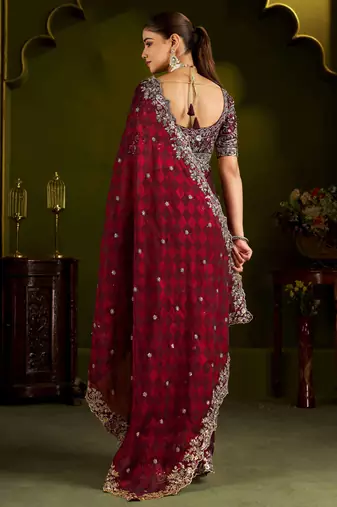 Maroon colour box satin silk saree with heavy embroidery work