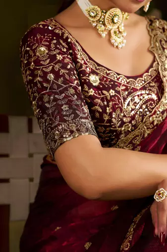 Maroon colour box satin silk saree with heavy embroidery work